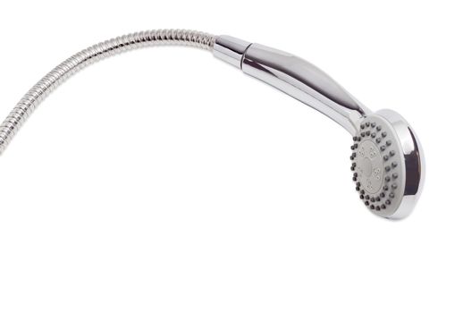 Eco shower head with the turn lever of a spray settings and metal shower hose on a white background
