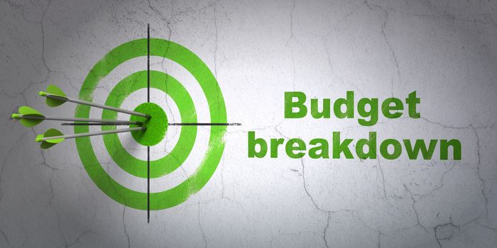 Success business concept: arrows hitting the center of target, Green Budget Breakdown on wall background, 3D rendering