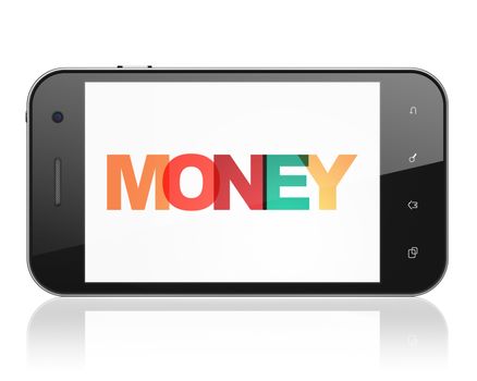 Finance concept: Smartphone with Painted multicolor text Money on display, 3D rendering