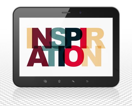 Marketing concept: Tablet Pc Computer with Painted multicolor text Inspiration on display, 3D rendering