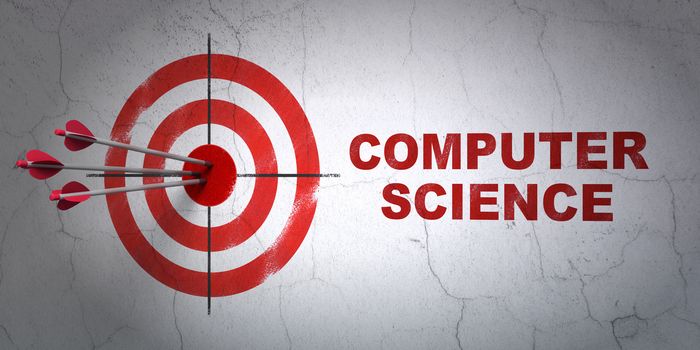 Success Science concept: arrows hitting the center of target, Red Computer Science on wall background, 3D rendering