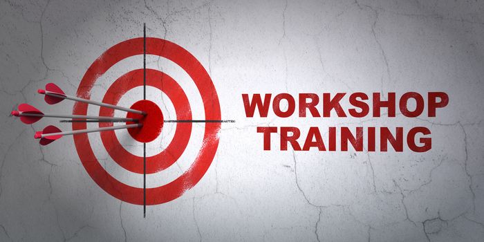 Success Education concept: arrows hitting the center of target, Red Workshop Training on wall background, 3D rendering