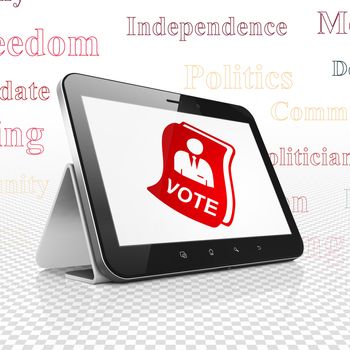 Political concept: Tablet Computer with  red Ballot icon on display,  Tag Cloud background, 3D rendering
