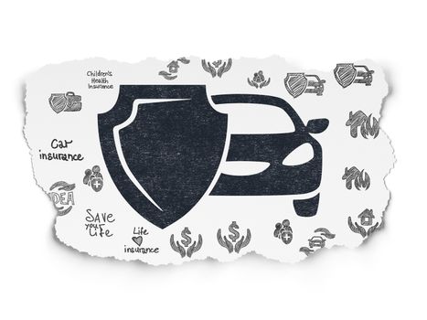 Insurance concept: Painted black Car And Shield icon on Torn Paper background with  Hand Drawn Insurance Icons