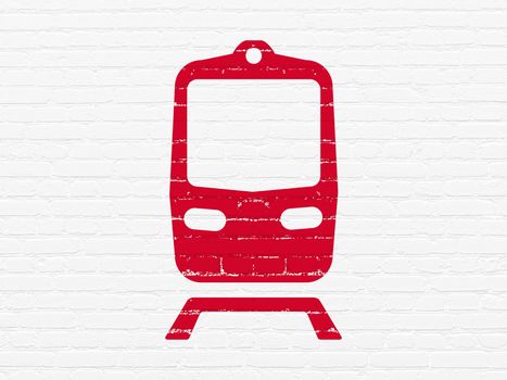 Tourism concept: Painted red Train icon on White Brick wall background