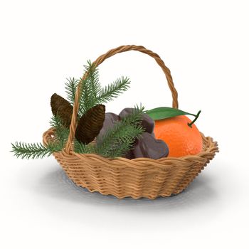 In a wicker basket are candy, tangerines, branches of the spruce is a gift for Christmas. Presented on a white background.