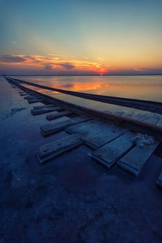 Beauty sunset on salty lake in Altay, Siberia, Russia