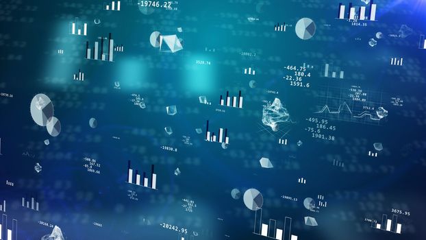 Professional 3D illustration of stock exchange profit with glittering pie charts, histograms, bar charts, decimal digits, hi-tech  figures, spheres. The dark blue background has a palette of tints