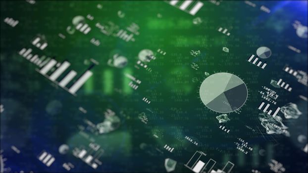 Businesslike 3D rendering of stock exchange revenues with sparkling pie charts, histograms, bar charts, decimal digits, strange  figures, spheres. The dark green background has a palette of tints