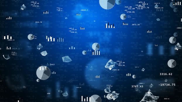 Impressive 3D rendering of stock exchange values with flying pie charts, histograms, bar charts, decimal numbers, enigmatic figures, spheres. The background is dark blue with several tints