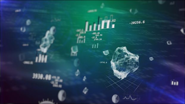 Impressive 3D rendering of stock exchange fluctuations with businesslike pie charts, histograms, bar charts, decimal digits, various  figures, balls, diamonds, in the dark blue background