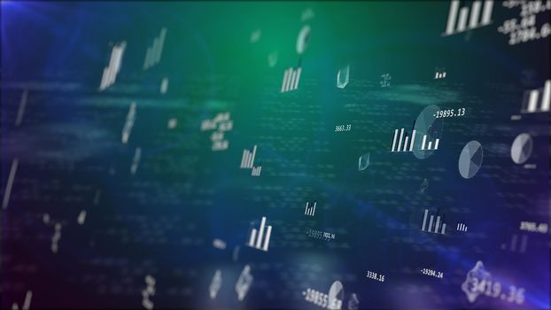 Fabulous 3D rendering of stock exchange yield with professional pie charts, histograms, bar charts, decimal digits, enigmatic  figures, spheres, used by brokers, in the blue background
