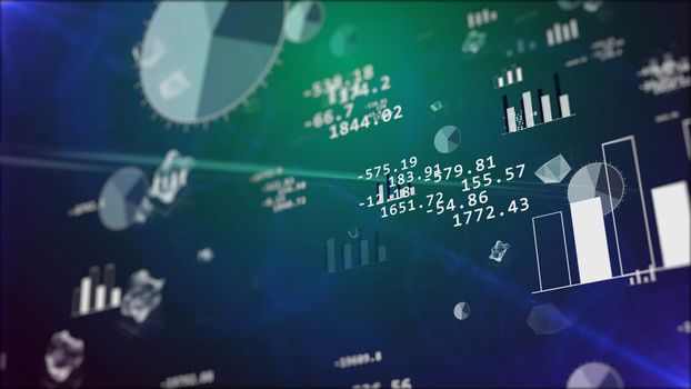 Businesslike 3D illustration of stock exchange profits with beaming pie charts, histograms, bar charts, decimal digits, various  figures, spheres. The blue background has a palette of tints