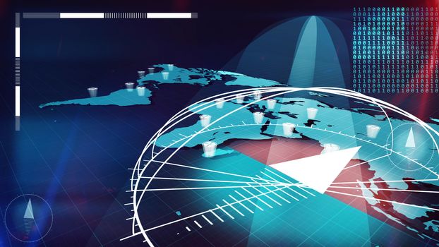 Businesslike 3d rendering of the Internet map in light blue colors with bar charts and compass dials on it and many bits. The map is presented in aslant way and covered with a grid