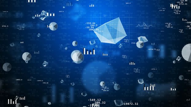 Splendid 3D illustration of stock exchange values with revolting pie charts, histograms, bar charts, decimal numbers, futuristic  figures, spheres. The background is dark blue with several shadows