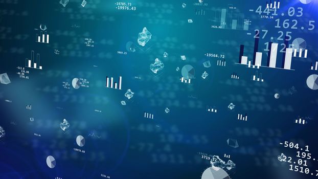 Gorgeous 3D illustration of stock exchange profits with businesslike pie charts, histograms, bar charts, decimal digits, various  figures, balls, used by brokers at NASDAQ and NICE exchanges