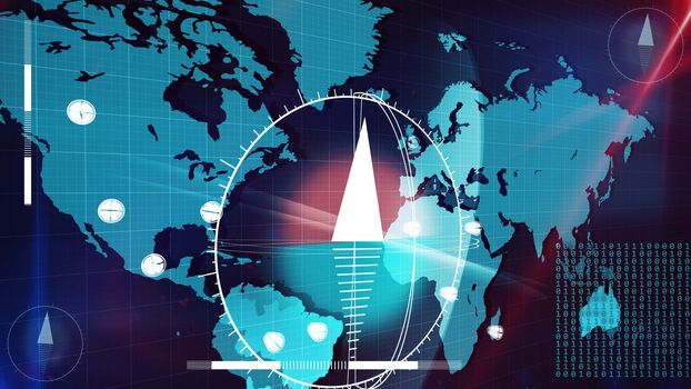 Artistic 3d illustration of the Internet map in light blue colors with white clock dials with arrows and  compass dials on it and a number of bits. The map is covered with a blue network