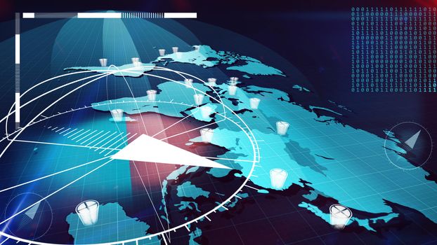 Futuristic 3D illustration of the light blue world Internet map with a huge compass and a hemisphere over it, rows of bits with one and zero figures, white clock dials with a network