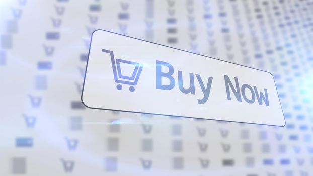3D  illustration  of a white internet shop screen with an inscription  BUY NOW  from three-quarters perspective  and a trolley situated  on this  icon  with a lot of light blue blurred drawings