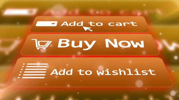Impressive 3D  illustration  of a light brown internet shop screen with  commands ADD TO CART,  BUY NOW, ADD TO WISHLIST,  from aslant perspective  and a cart, a grid, and email symbols