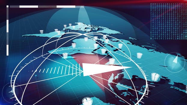 Impressive 3D rendering of the light blue world Internet map shot aslant with a big compass in the center, columns of bits, large grid, white clock dials with arrows, in the dark blue background
