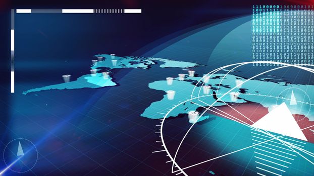 3D illustration of the light blue world Internet map with three compasses, rows of bits with one and zero figures, white clock dials, in the dark blue background, covered with a network