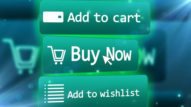 3D rendering  of a bright blue internet shop screen with  commands ADD TO CART,  BUY NOW, ADD TO WISHLIST,  with a number of drawings including  a trolley, a grid, email, and an arrow symbols