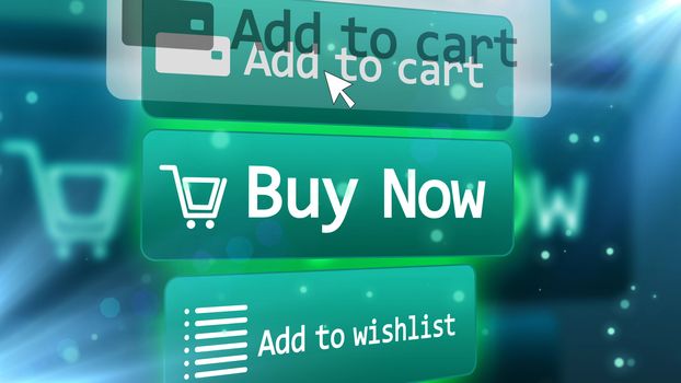 3D illustration of a light blue internet shop screen with inscriptions ADD TO CART,  BUY NOW, ADD TO WISHLIST,  with a cart, a grid, email and arrow symbols placed on a screen