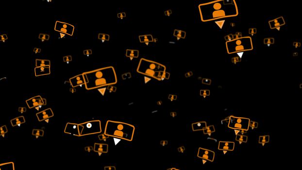 Artistic 3D illustration of a black background with  a lot of similar talking head people, having a head and shoulders, in orange color in rectangular, TV looking frames