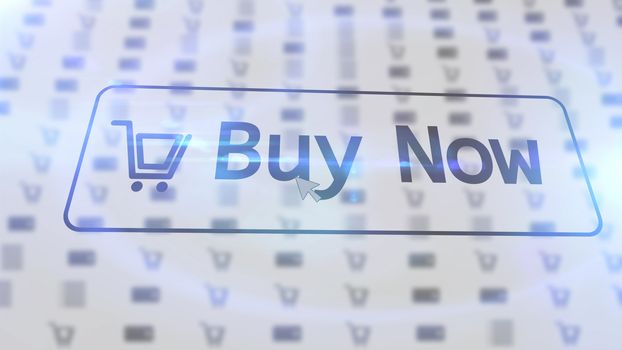 Ordinary  3D rendering  of a white internet shop screen with a command BUY NOW  and one basket situated  on one  icon  with numerous light blue blurred drawings