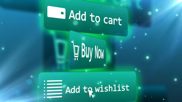 3D rendering of a light blue internet shop screen with  words ADD TO CART,  BUY NOW, ADD TO WISHLIST,  where the central command is in a different projection with a cart, a grid, and email symbols