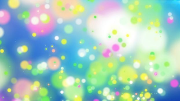 Inspiring 3d illustration of colorful particles on a light blue background with flashing white places. The picture encourages for a dreamlike and kidding mood