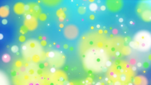 Impressive 3d rendering of multicolored particles on a light blue background with flashing white clouds. The picture inspires  for a happy and kidding mood