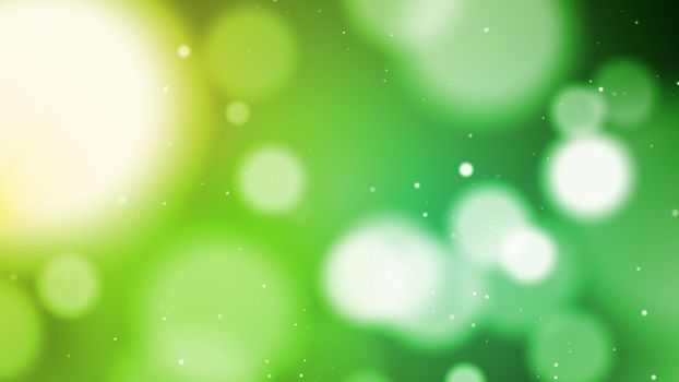 Impressive 3d rendering of white fluffy round particles on a blurred light green and green background. The picture inspires for a spring and active mood 