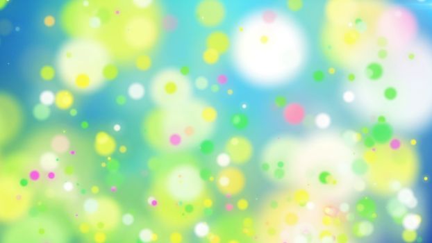 Funny 3d illustration of colorful particles and dots on a light blue background with flashing white clouds. The sunny drawing gives a childish and happy mood