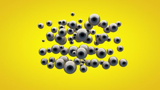 Impressive 3D rendering of round out eyes of different sizes looking directly and placed in the center. Dozens of the gray eyes with blue iris are located in a yellow  background 