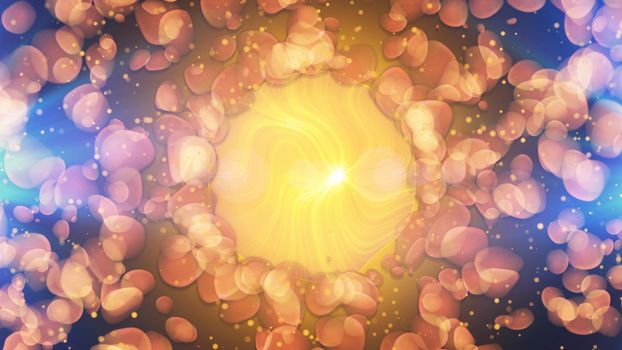 Splendid 3d illustration of a yellow  center looking likesun, between brown and shapeless particles looking like grain on a dark blue background. The picture resembles some ancient summer fest