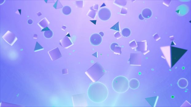 Mysterious  3d illustration  of abstract, multicolored and different size balls, cubes,  and pyramids turning around in the air in the light violet background. The picture  looks futuristic and great 