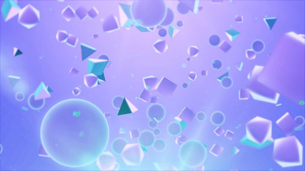 Amusing  3d rendering of multicolored , transparent and different size pyramids and balls hanging in the air in the light  violet background. The picture looks  hilarious  and funny 