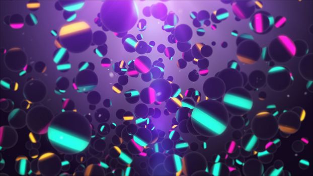 Enigmatic 3d illustration of numerous colorful stripes with orange, blue, pink and yellow colors flying in the dark violet air serving as a background. The picture gives a feeling of disco club