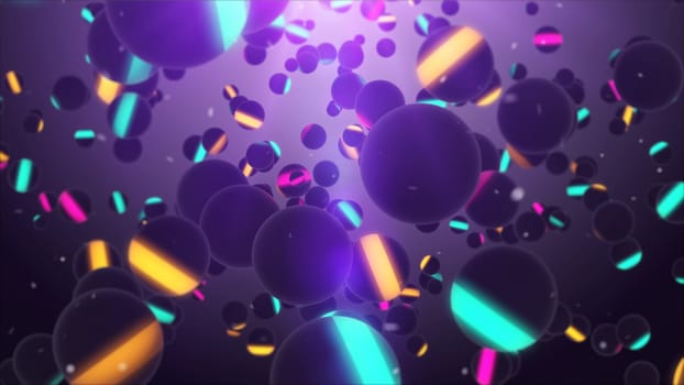 Enigmatic 3d illustration of different size colorful sheres with orange, blue, pink and yellow stripes turning around in the dark violet background. The picture has a feeling of a disco club