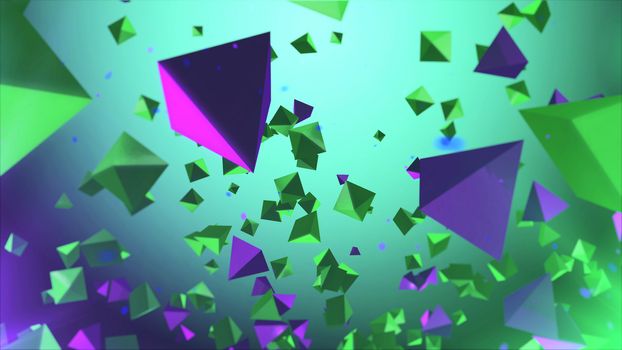 Futuristic 3d rendering of multicolored and different size pyramids flying in the ait in the light green and light violet background. The picture looks abstract and artistic 