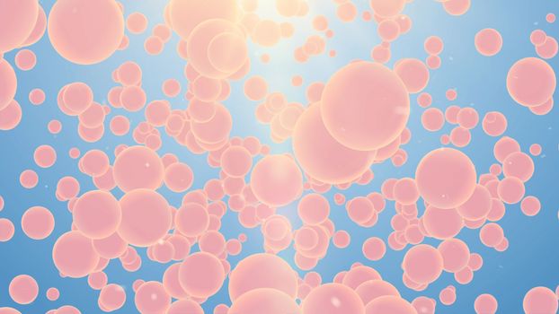 Impressive  3d rendering  of abstract, rosy and different size spheres turning around and flying in the air in the light blue background. The drawing  looks funny and childish 