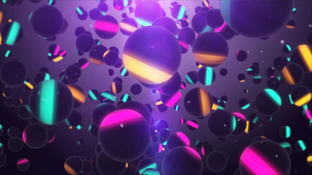 Mysterious 3d rendering of multiple colorful stripes with orange, blue, pink and yellow colors revolting in the dark violet air serving as a background. The drawing renders a feeling of disco hall
