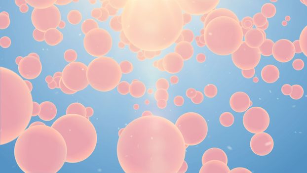 Splendid  3d rendering of big and different size pink spheres flying and revolting in the air in the light blue background. The picture  looks great, gorgeous, and funny