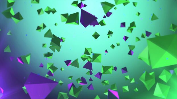 Impressive 3d illustration of colorful and different size pyramids turning around in the air in the light green and light violet background. The drawing looks abstract and exciting 