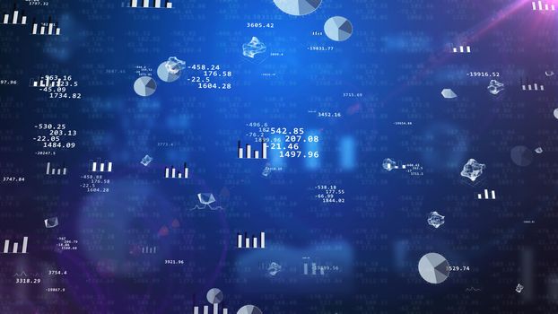 Impressive 3D illustration of stock exchange data with rotating pie charts, histograms, bar charts, decimal numbers, enigmatic  figures, spheres. The background is dark blue with several tints