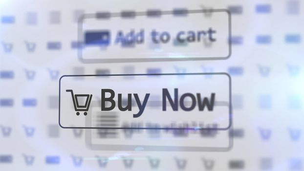 Common 3D illustration  of a white internet shop screen with such inscriptions as ADD TO CART, BUY NOW, and one basket located  on one  icon  with numerous blurred drawings