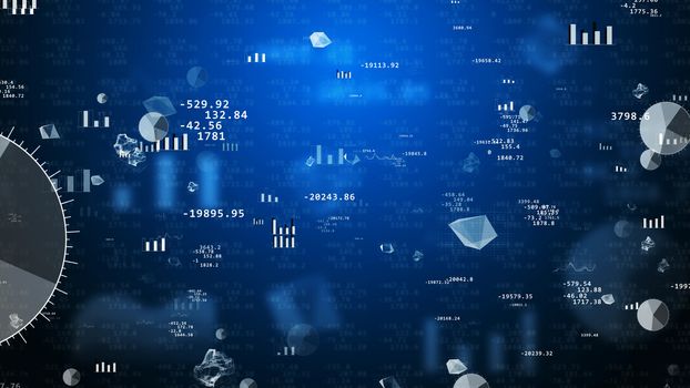 Splendid 3D illustration of stock exchange values with revolting pie charts, histograms, bar charts, decimal numbers, futuristic  figures, spheres. The background is dark blue with several shadows