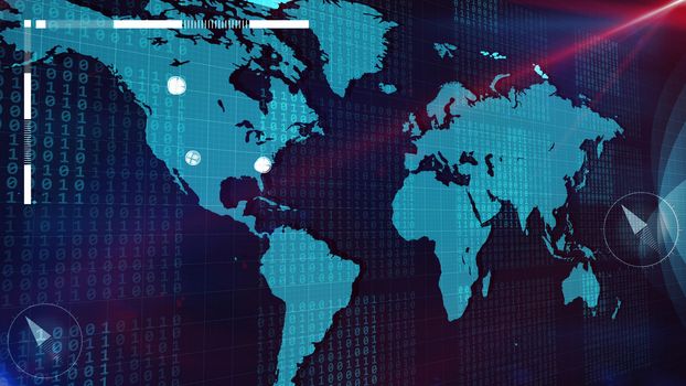 Impressive 3D illustration of the light blue world Internet map shot aslant with a lot of columns of bits from one and zero numbers, two small compasses, in the dark blue background